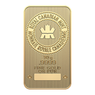 A picture of a 10 gram Royal Canadian Mint Gold Bar